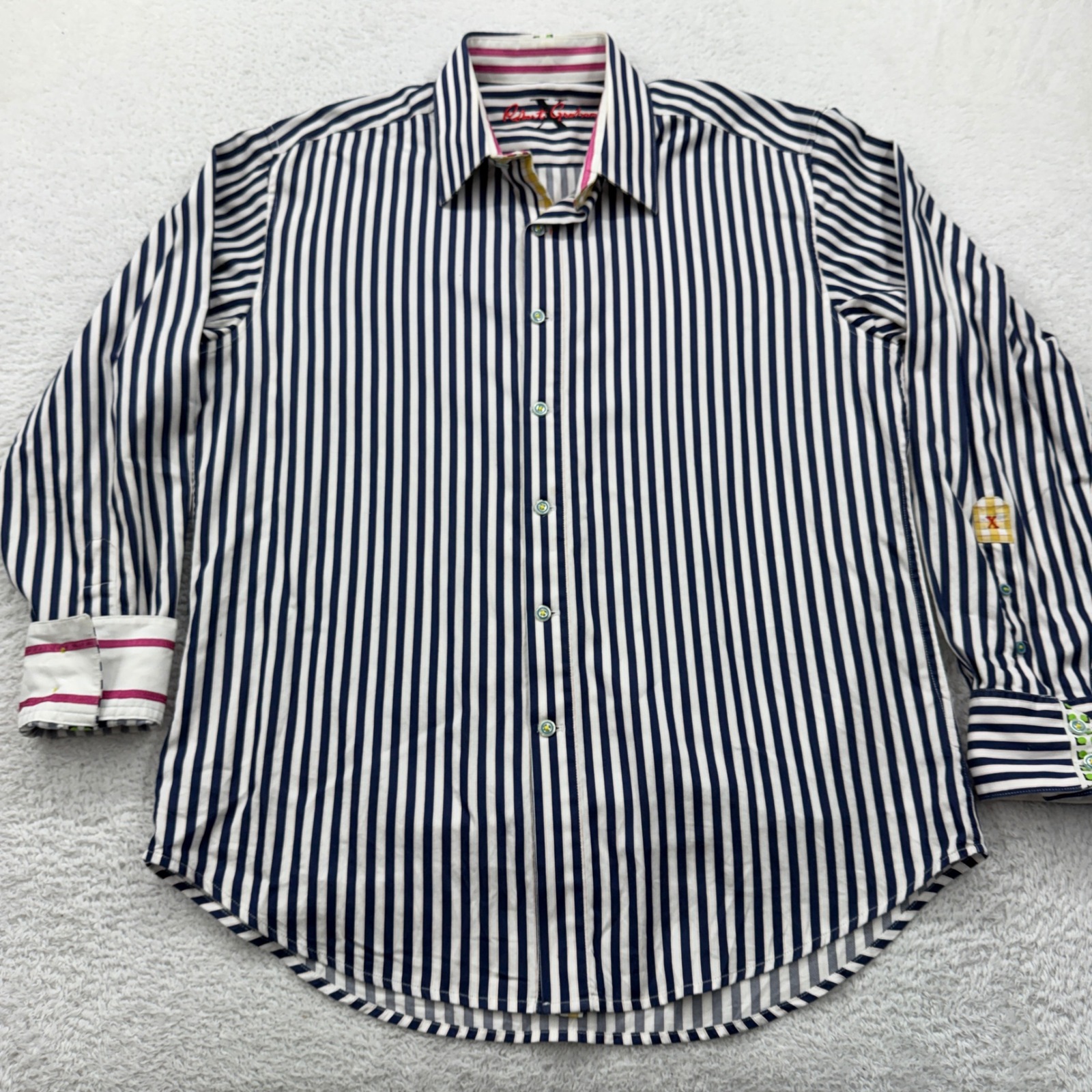 Robert Graham Mens Navy White Striped Long Sleeve Button Down Shirt Large L/G
